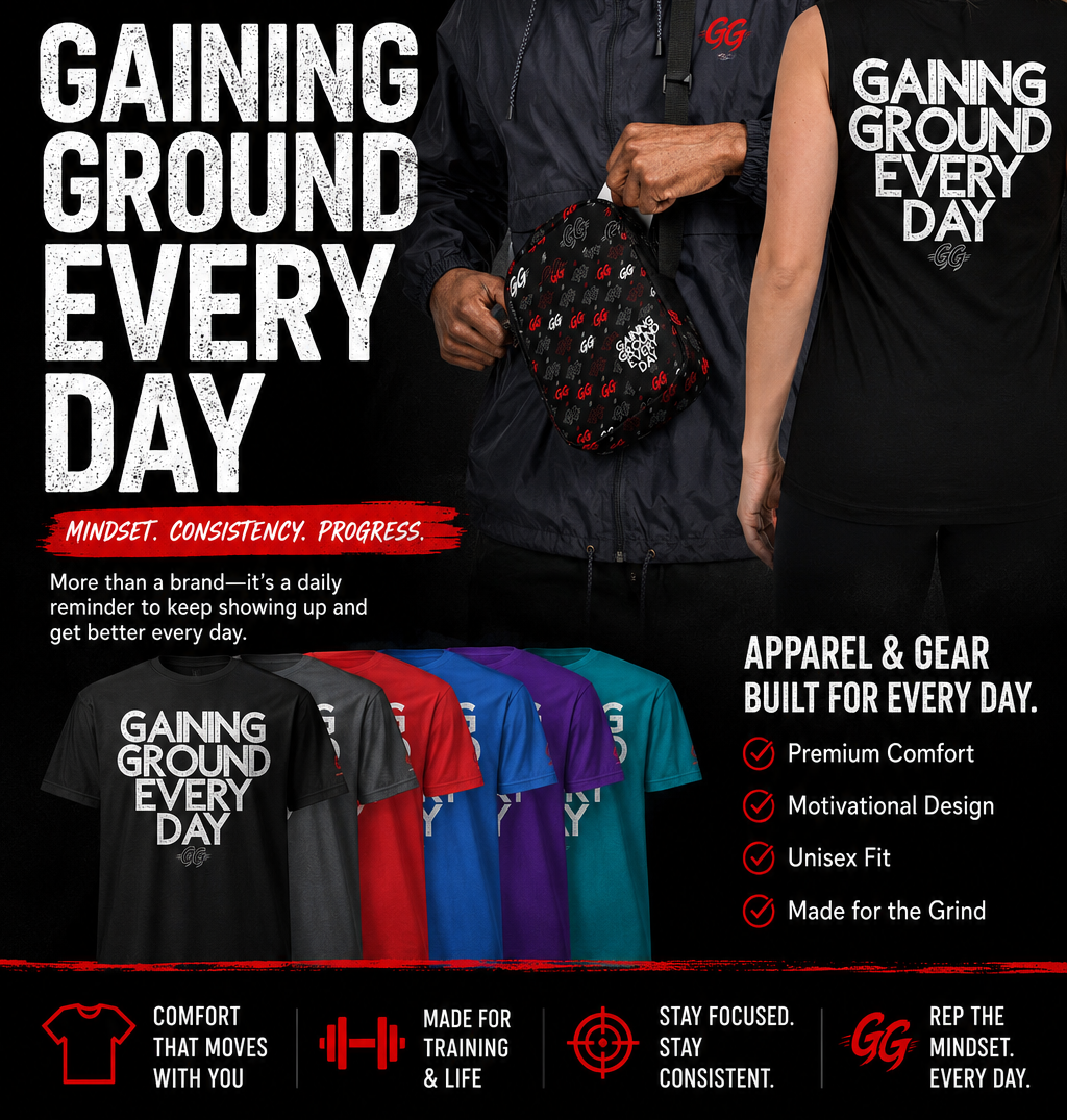Advertisement for 'Gaining Ground' apparel and gear with two people wearing branded clothing.